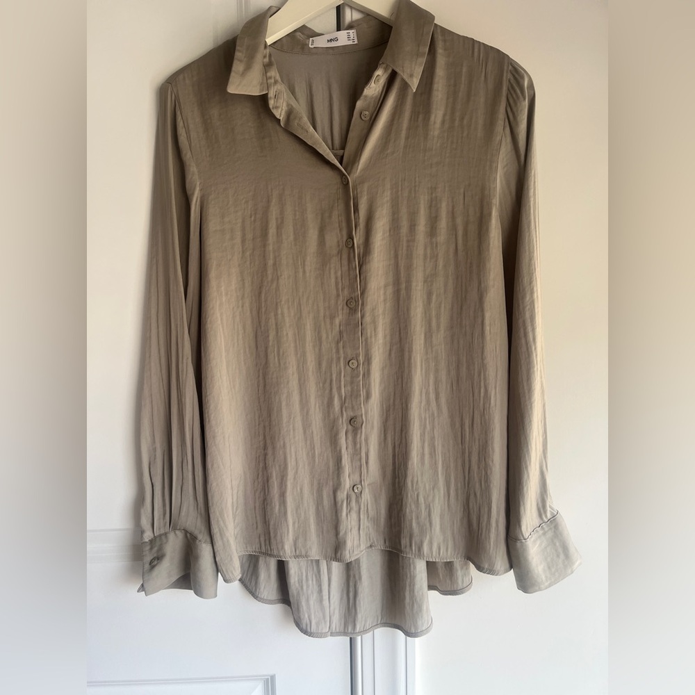 Mango Tan Button Down Shirt Relaxed Notched Collar